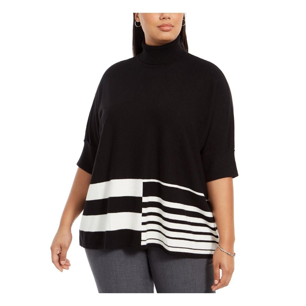 Alfani Women Plus Deep Black Colorblocked Half Sleeve Turtleneck Poncho Sweater